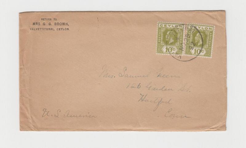 CEYLON -USA 1922 COVER VALVETTI TO HARTFORD 2x10c RATE (SEE BELOW) 