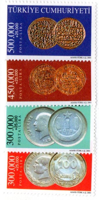 TURKEY B263-66 MNH SCV $6.25 BIN $3.25 COINS ON STAMPS