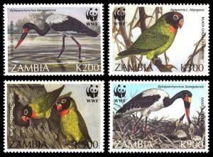 Zambia WWF Saddlebilled Stork and Black-cheeked Lovebird 4v SG#754-757