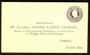 USA 1916-22 3c PSE Printed Address BRITISH PRIME MINISTER David Lloyd George GB