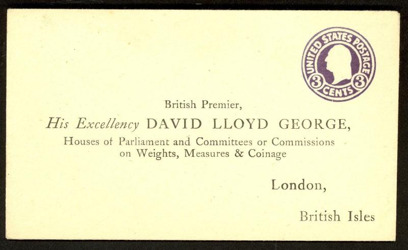 USA 1916-22 3c PSE Printed Address BRITISH PRIME MINISTER David Lloyd George GB