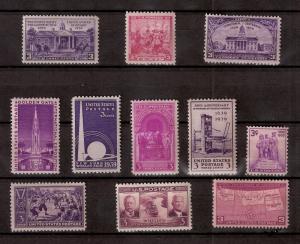 US 1938-39  Commemoratives  Sc# 835-38 - Sc# 852-58 Mint NH 11 Stamps