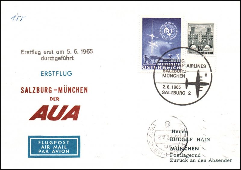 Austria Austrian Airlines Salzburg to Munich 1965 1st Flight Cover