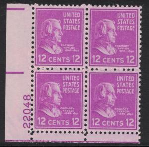 Scott 817- MNH Plate Block- 12c Z. Taylor, Presidential Prexie Series, 1938