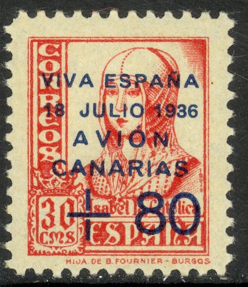 SPAIN CANARY ISLANDS 1937 30c +80c Lufthansa Service Airmail Type I Sc 9LC15 MH