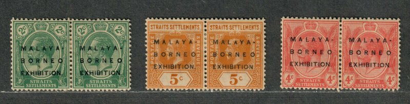 Straits Settlements Sc#151d, 154d, 155d M, Malaya Borneo Exhibition Wmk #3 Pairs