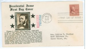 US 823 1938 18c Ulysses S. Grant (part of the presidential (prexy) series on a registered addressed (typed) fdc with a Crosby ca