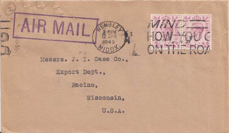 Great Britain 6d KGVI (2) 1949 Wembley, Middx. Airmail to Racine, Wis.  Stamp...