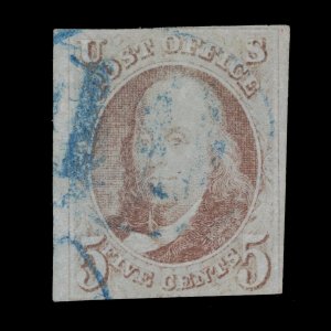 Scott #1 CV=$350 - Blue Cancel Imperf Franklin Stamp - 1847 US Brown 5 Cent 