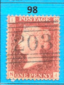 GB QV 1868 SG43 / 44, 1d Penny Red, Good Used, Plate 98 (NI)