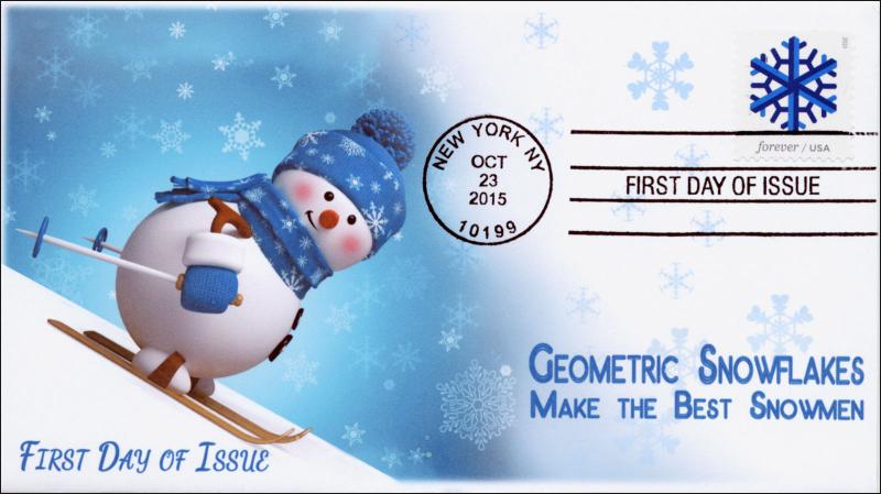 2015, Geometric Snowflakes, Blue, FDC, BW Postmark, Snowman, 15-288