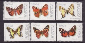 Poland-Sc#3055a- id9-six unused NH-Butterflies-Insects-1991-