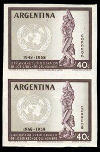 Argentina #679 Cat$50, 1959 Human Rights, imperf. vertical pair, lightly hing...