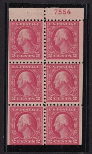 1914 Washington 2c booklet pane of 6 Sc 425e MLH plate number 7554 (T3