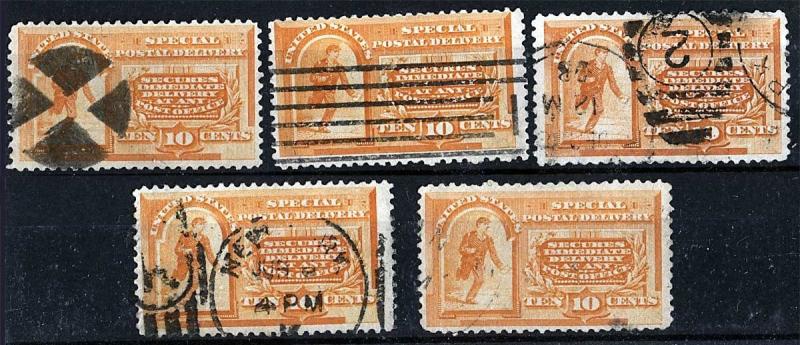 US Sc E3 VF Group 1892 10¢ Special Delivery 5 Different Cancel Study Set