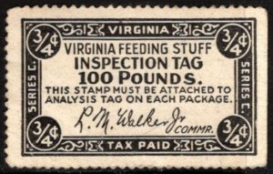 1909 US Virginia 100 Lbs. 3/4 Cent Feeding Stuff Inspection Tag Tax Paid Stamp