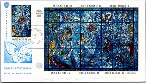 UNITED NATIONS MARC CHAGALL STAINED WINDOW MURAL SHEET W/ ADDTN'L POSTAGE SIGNED