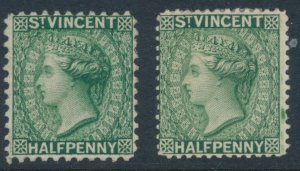 St Vincent ½d Green SG 42 Crown CA P12, MNG, 1883, SG 47 Crown CA P14 1885, MH