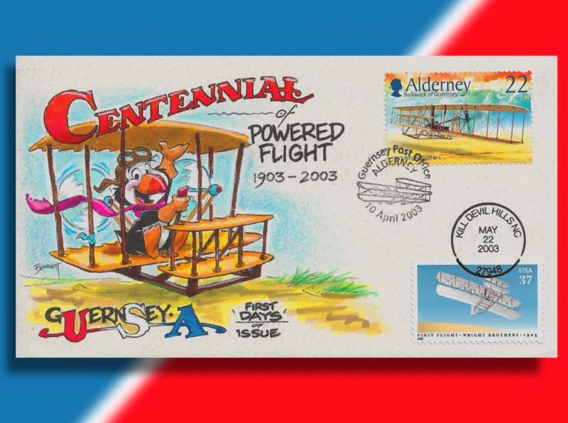Guernsey Celebrates the Centennial of Flight on Handcolored USA/Combo FDC