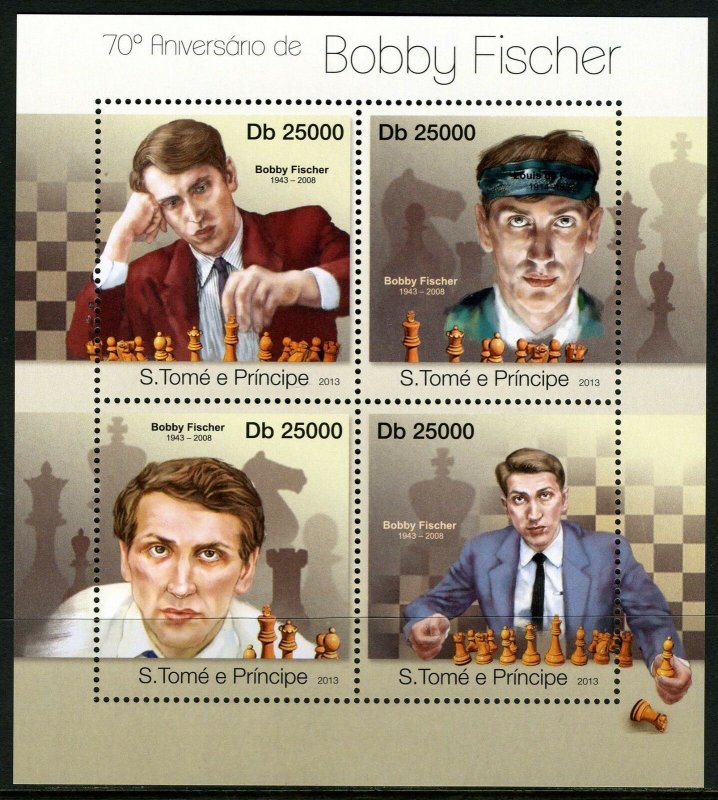 SAO TOME  2013 70th BIRTH  ANNIVERSARY BOBBY FISCHER  CHESS  SHEET  MINT  NH