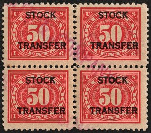 RD9 50¢ Stock Transfer Stamp Block of Four (1918) Used