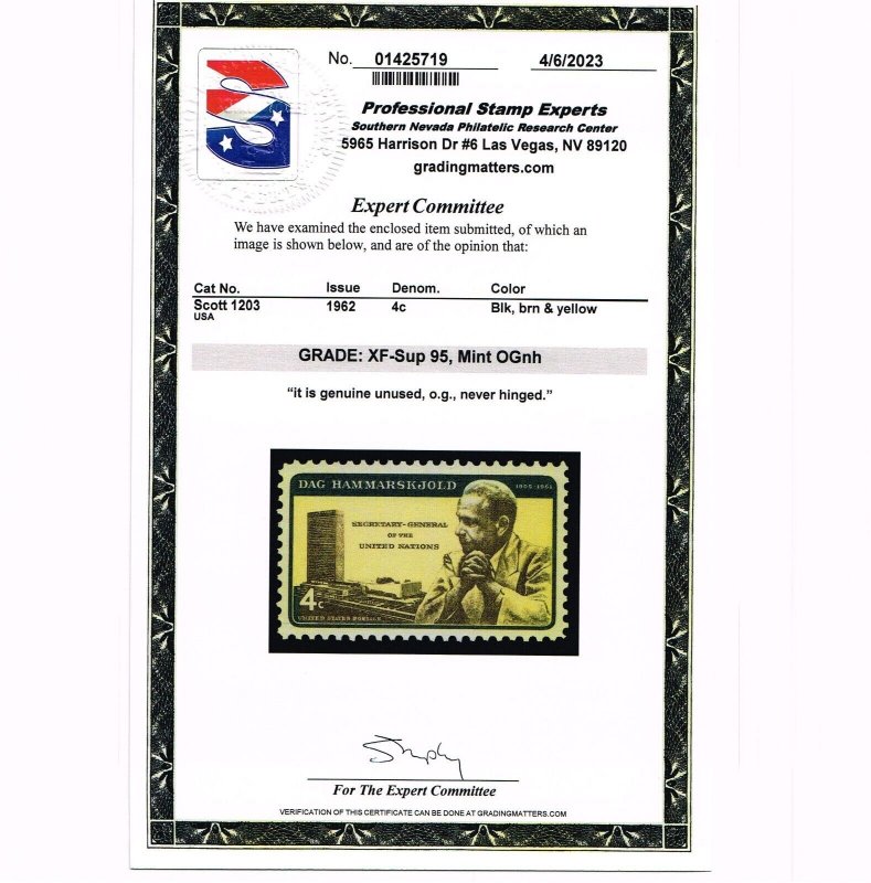 EXCEPTIONAL GENUINE SCOTT #1203 MINT PRISTINE OG NH PSE CERT GRADED XF-SUPERB 95