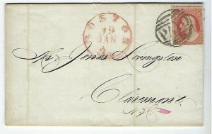 10a ON HANDMADE WRAPPER BOSTON TO CLAREMONT NY JAN 12 1854 PAID CANCEL  - Q45