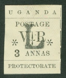 SG 72 Uganda 1896. 3a black. type 7 hand stamped 'L' in black. A fine mint...