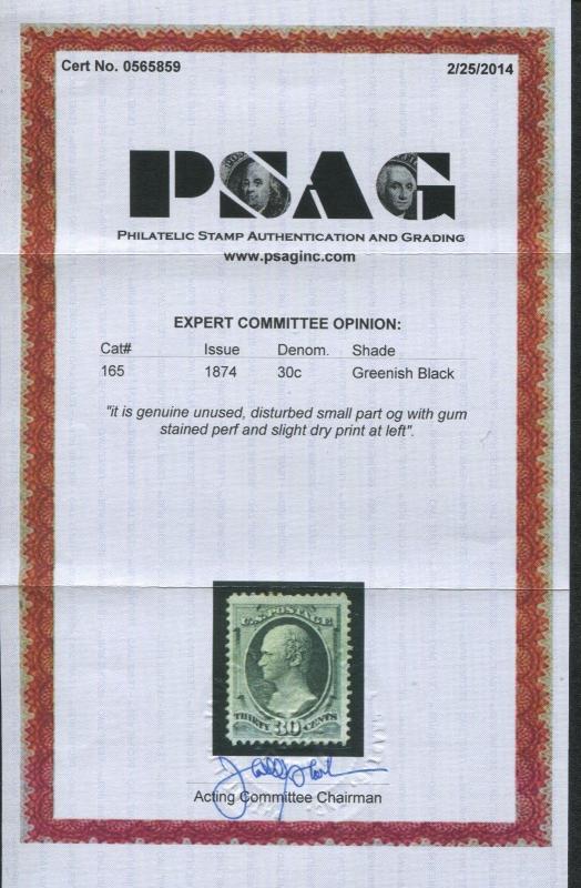 1874 US Stamp #165 30c F/VF Mint Part OG Hinged Catalogue Value $3750 Certified 