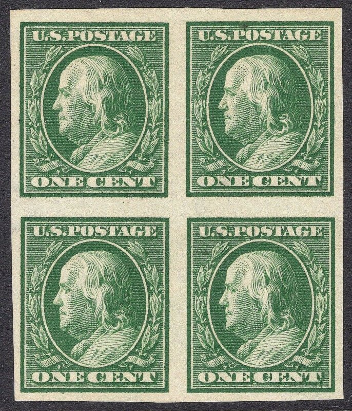 #383 SUPERB MNH OG 1c Franklin Imperf Block of 4 Single Line Watermark #344-3