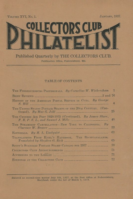 Lot of 10 Early Issues, Collectors Club Philatelist, July 1934 - Oct. 1938 