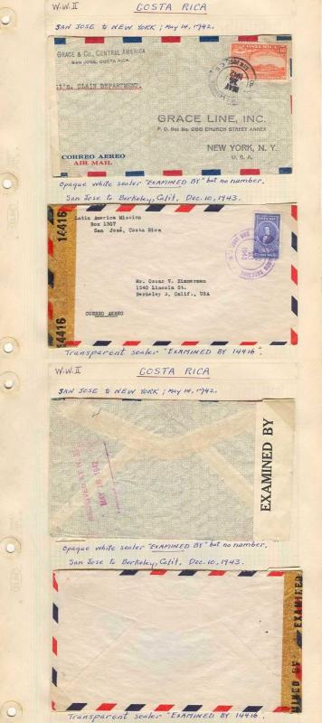 Costa Rica 1942-43. Censored airmails to USA. Two items with paper & clear tapes