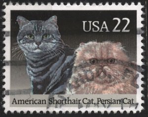 SC#2375 22¢ Cats: American Shorthair Cat, Persian Cat Single (1988) Used