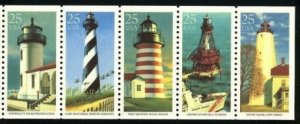 1990 Lighthouses Booklet Pane Of 5 25c Postage Stamps, Sc# 2470-2474, MNH, OG