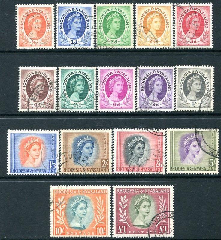 RHODESIA & NYASALAND-1954-56 Set to £1 Sg 1-15 FINE USED V24222