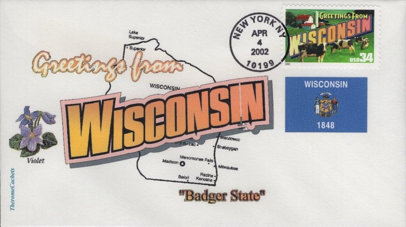 Therome Cachets Printed FDC for the 2002 34c Greetings from Wisconsin Stamp