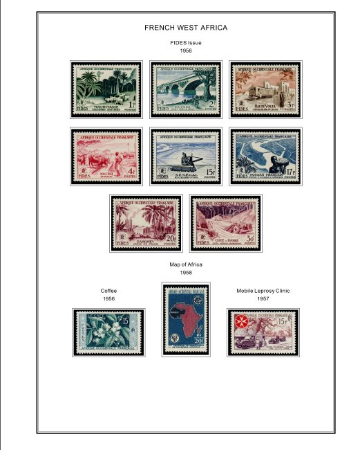 COLOR PRINTED FRENCH WEST AFRICA 1943-1959 STAMP ALBUM PAGES (15 illustr. pages)