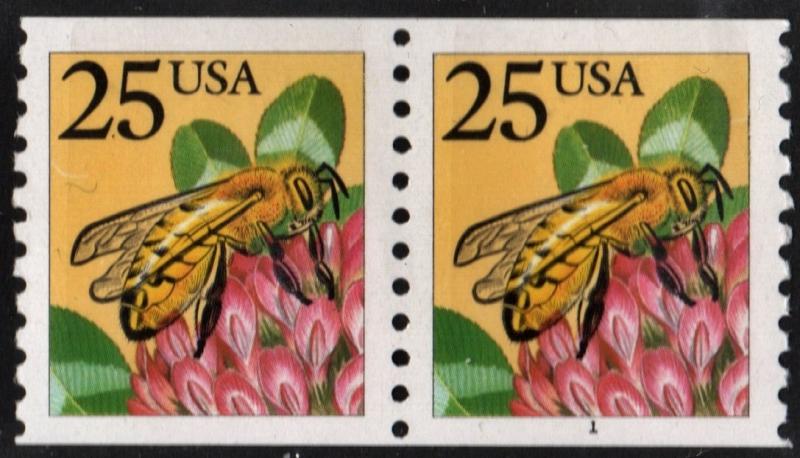 SC#2281 25¢ Honeybee Coil Pair w/Plate #1 (1988) MNH