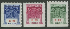 CANADA REVENUE BCT127, BCT128, BCT129 BRITISH COLUMBIA TELEPHONE FRANKS 1939 SET