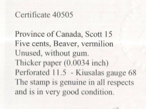 Canada #15 Mint Unused (No Gum) Thicker Paper Variety **With Certificate**