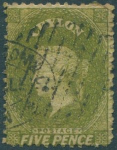 Ceylon 1866 SG54b 5d yellow-olive QV crown CC wmk FU (amd)