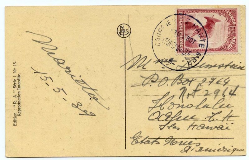 Belgian Congo 75c on post card paquebot to Hawaii, 1939