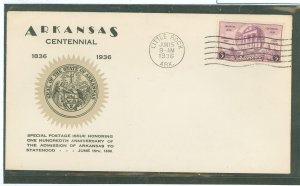 US 782 1936 3c Arkansas statehood centennial (single) on an unaddressed first day cover with a Kapner cachet