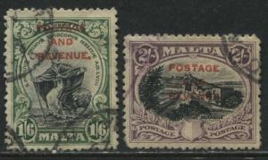 Malta 1928 1/6d and 2/ overprinted Postage and revenue used