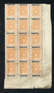 Bhopal SGO313c 1932 1/4a Orange Perf 13.5 Opt SERVICE at TOP no gum Block of 15