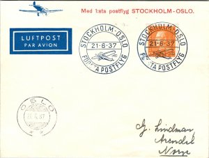 1937 Stockholm Sweden Air mail FFC First Flight Cover To Oslo Norway