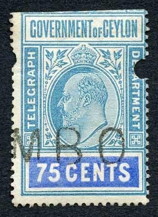 Ceylon Telegraph SGT158 75c wmk wide CA BOTTOM HALF 