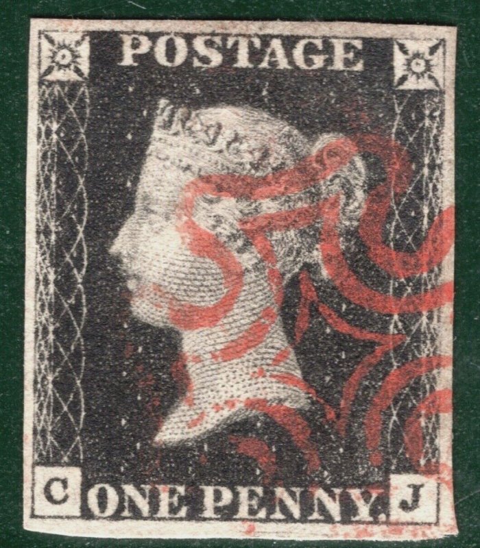 GB PENNY BLACK 1840 QV Stamp SG.2 1d Plate 1a (CJ) Used Red MX Cat £450+ BRRED15 