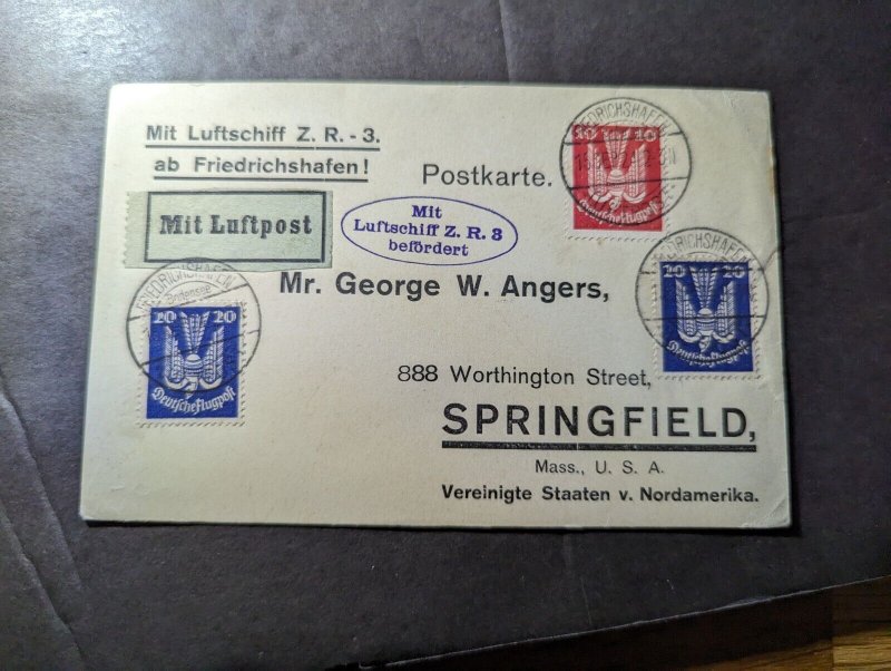 1924 Germany Airmail ZR3 Zeppelin Postcard Cover to Springfield MA USA