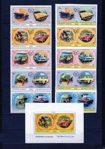 SHARJAH 1971 AMERICAN CARS 2 STRIPS OF 5 STAMPS & S/S MNH